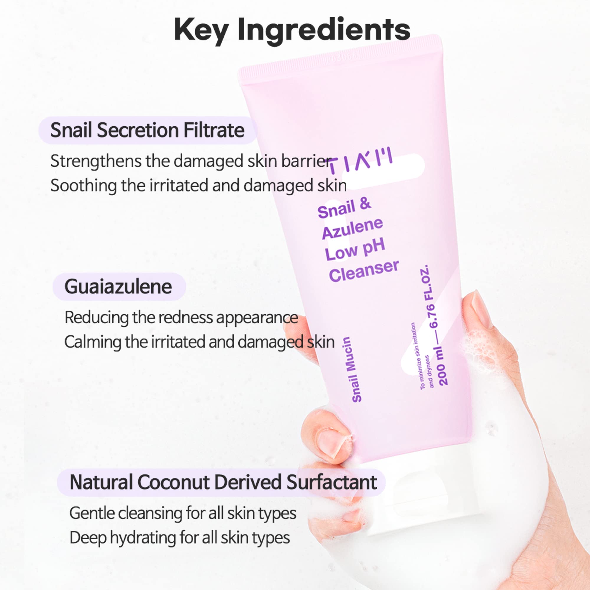 TIAM Snail&Azulene Low pH Cleanser, 6.76 fl oz, Daily Gentle Face Cleanser with Snail Mucin, Suitable for Sensitive Skin, pH Balancing, Korean Skin Care, Korean Face Wash